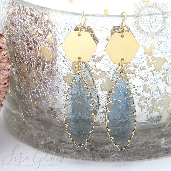 Gray Teardrop Gem Brushed Gold Tone Hex Earrings - Picture 6 of 11